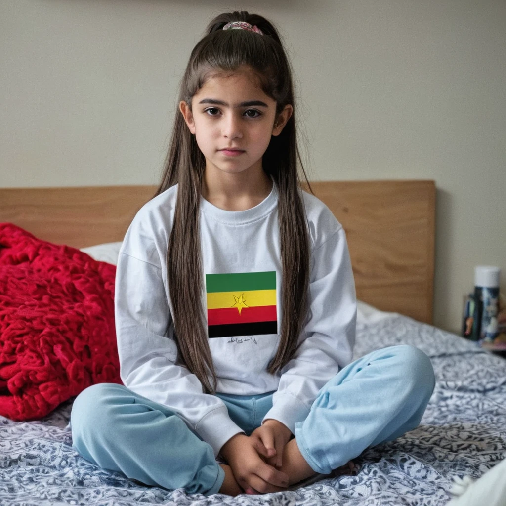 Ponytail hair Kurdish teen with sitting on bed tin body