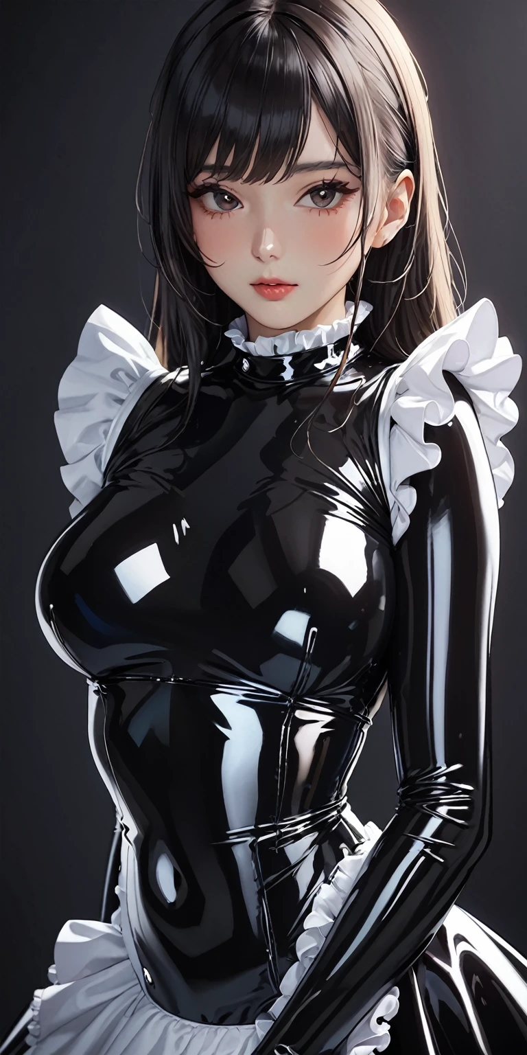 Portraiture、Close-up shot from chest up、(masterpiece,Highest quality,Ultra-high resolution),Japanese women, (((Very beautiful 25 year old girl))),(Latex Maid Clothing)、(A long-sleeved latex shirt that covers the upper body)、Latex gloves、Frills、The clothes fit snugly to the body、Latex is very shiny、Dark Room、