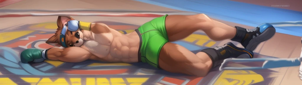a detailed picture of a boxing match (one male anthros), slim body, slim features, in a boxing ring, Ross Tran, ruan jia, trending on artstation, foxovh, ((terrier dog, reddish-brown fur, green shorts, knocked out on the floor)), from side