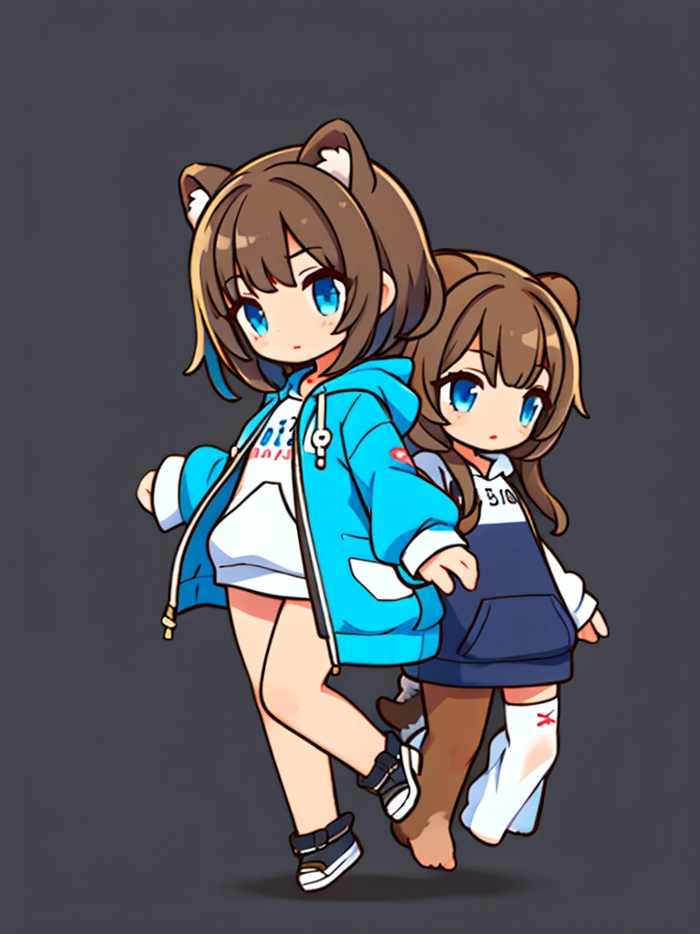 a sea otter with otter ears // with light blue eyes // a dark blue hoodie // brown hair with gray and white highlights ((half of the body)) (A person) ((White background)) (only 1 girl)