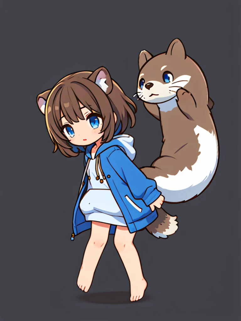 a sea otter with otter ears // with light blue eyes // a dark blue hoodie // brown hair with gray and white highlights ((half of the body)) (A person) ((White background)) (only 1 girl)