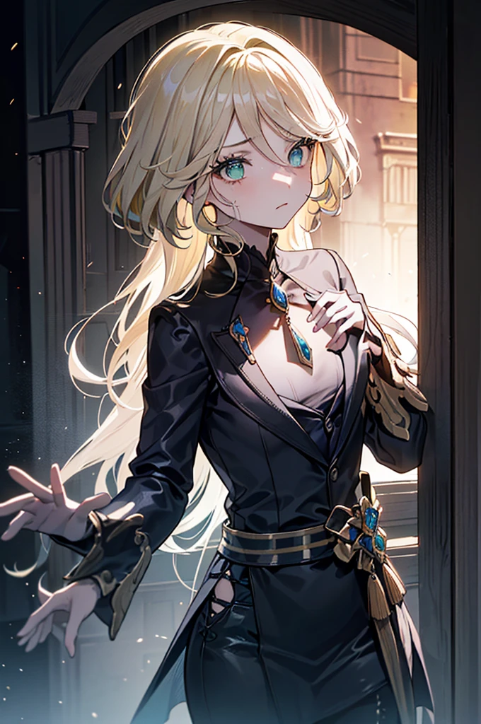 ((((Dramatic)))、(((grittiness)))、(((vehement))),Dressed in costume、He had a determined expression on his face.。Bright green eyes，Blonde hair,holy costume,((1 girl)),holy,
