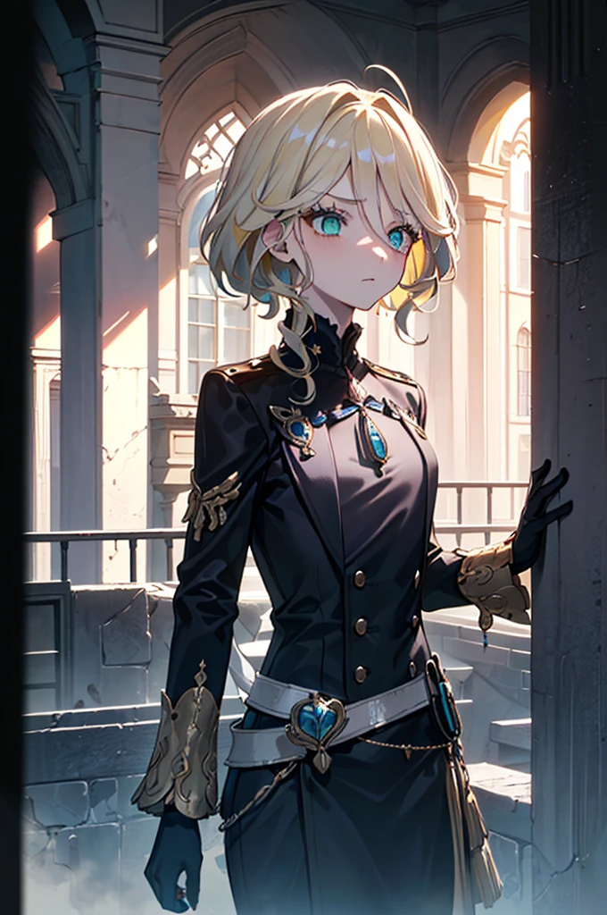 ((((Dramatic)))、(((grittiness)))、(((vehement))),Dressed in costume、He had a determined expression on his face.。Bright green eyes,Blonde hair,holy costume,((1 girl)),holy,