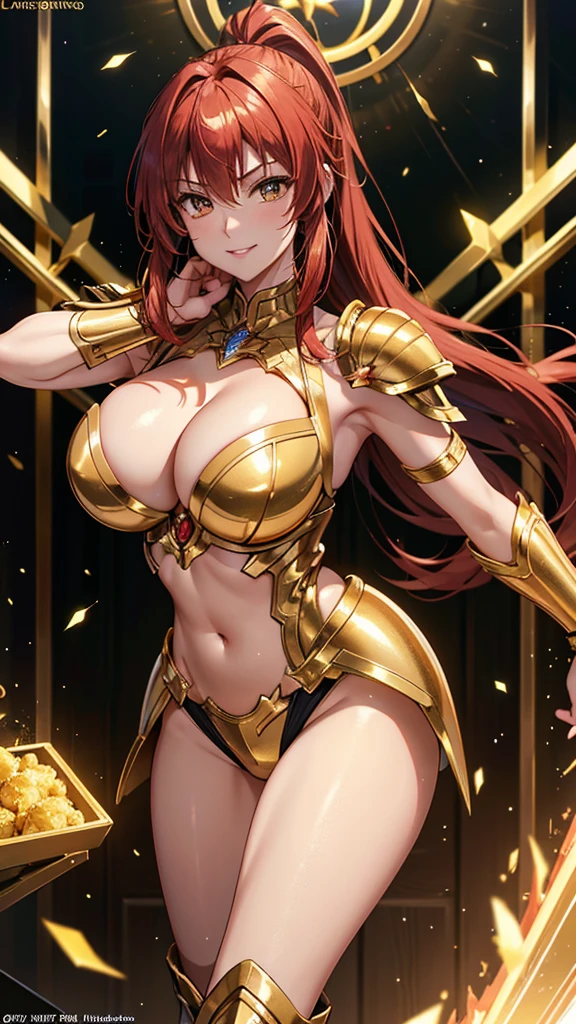 Gold Armor, 4K image, assembly, best quality, masterpiece, movie lighting ,Sexy,Large Breasts,Cleavage,action,In battle,Cleavage,Smile,noble,light beam from hand,Golden lightning surrounds,Red hair,Ponytail hairstyle,Saint Seiya Leo Aiolia,Blink,Lipstick,High purchase price