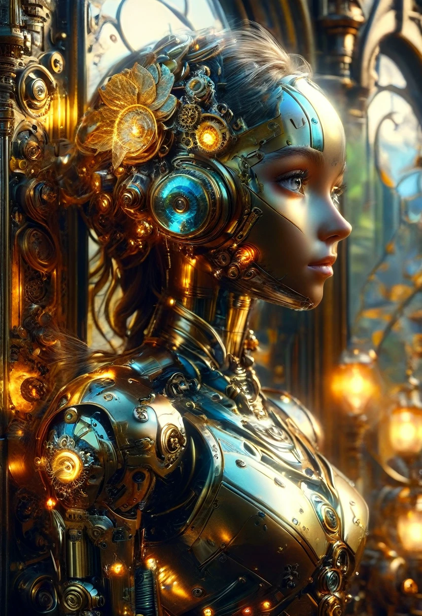 masterpiece, best quality, highly detailed, solo, looking at viewer, smile, mechaical face. Wide Smile, Eyes Detailed & Wide, sexy Pose. Ultra HD, Rococo-Inspired Fantasy Art With Intricate Details. Cute, Charming Expression, Alluring-Gaze, looking at viewer Beautiful Eyes, An-Ideal-Figure. . slim waist, fit body, Warm lights , t, with fluffy hair, delicate face, realistic, real, slim, large aperture, sexy shots, attractive poses, symmetrical face, photorealistic, photography, path tracing, specular lighting, volumetric face light, path traced hairmaximum quality{(masutepiece) (8K High Resolution) (top-quality) In the style of breath of the wild.medieval monastery garden,steampunk craftsman robot monk,beautiful ornate architecture,steampunk machinery and gears,exquisite stained glass windows,enchanted flower garden,ancient stone walkway with intricate carvings,glowing candles and dimly lit atmosphere,steam and smoke billowing from the machinery,mystical atmosphere,peaceful and serene setting,mechanical wings attached to the robot monk's back,robot monk with intricate clockwork mechanisms,electromechanical eyes glowing with energy,warm golden color palette,gentle sunlight streaming through the stained glass windows,whispering sound of wind and rustling leaves,the scent of aged books and incense,notes of ancient Gregorian chants echoing in the air,sense of awe and tranquility,combination of futuristic and medieval elements,harmony of technology and spirituality.