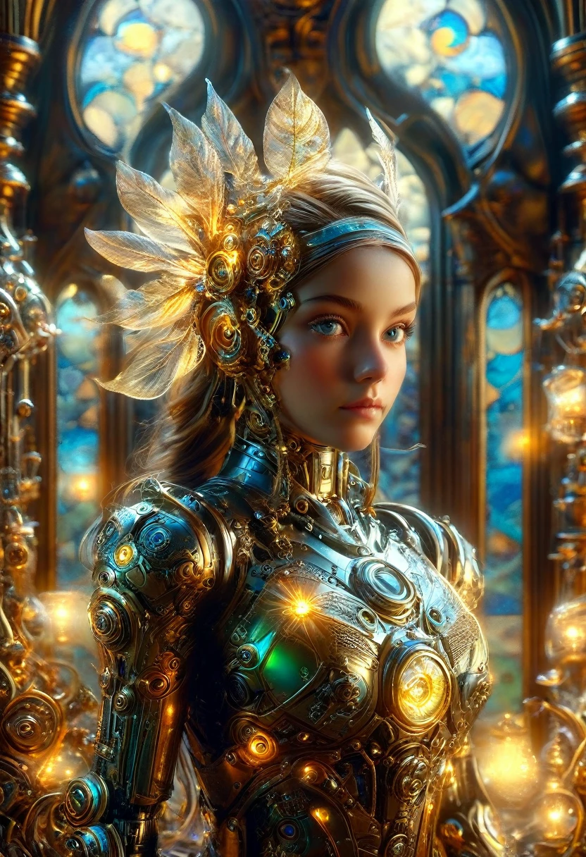 masterpiece, best quality, highly detailed, solo,  looking at viewer, smile, mechaical face. Wide Smile, Eyes Detailed & Wide,  Pose. Ultra HD, Rococo-Inspired Fantasy Art With Intricate Details. Cute, Charming Expression, Alluring-Gaze, looking at viewer Beautiful Eyes, An-Ideal-Figure. . slim waist, fit body, Warm lights , t, with fluffy hair, delicate face, realistic, real, slim, large aperture, sexyts, attractive poses, symmetrical face, photorealistic, photography, path tracing, specular lighting, volumetric face light, path traced hairmaximum quality{(masutepiece) (8K High Resolution) (top-quality) In the style of breath of the wild.medieval monastery garden,steampunk craftsman robot monk,beautiful ornate architecture,steampunk machinery and gears,exquisite stained glass windows,enchanted flower garden,ancient stone walkway with intricate carvings,glowing candles and dimly lit atmosphere,steam and smoke billowing from the machinery,mystical atmosphere,peaceful and serene setting,mechanical wings attached to the robot monk's back,robot monk with intricate clockwork mechanisms,electromechanical eyes glowing with energy,warm golden color palette,gentle sunlight streaming through the stained glass windows,whispering sound of wind and rustling leaves,the scent of aged books and incense,notes of ancient Gregorian chants echoing in the air,sense of awe and tranquility,combination of futuristic and medieval elements,harmony of technology and spirituality. 
