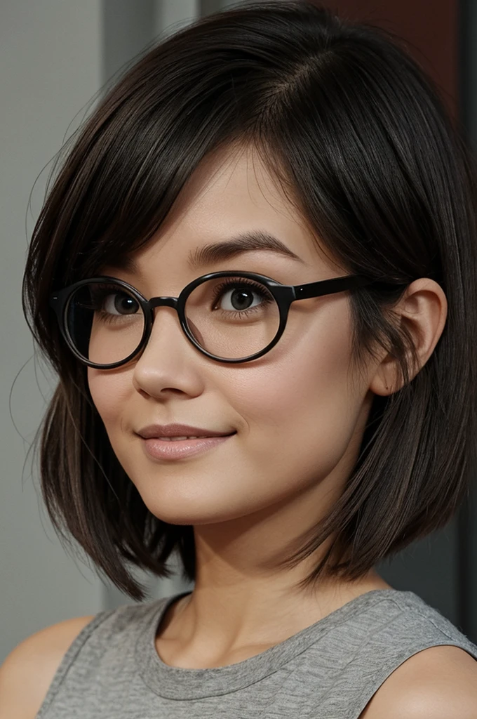 Short woman with shoulder-length hair , gray mix, round but thin face, black round glasses for medium face, chin a little out at Disney pixar