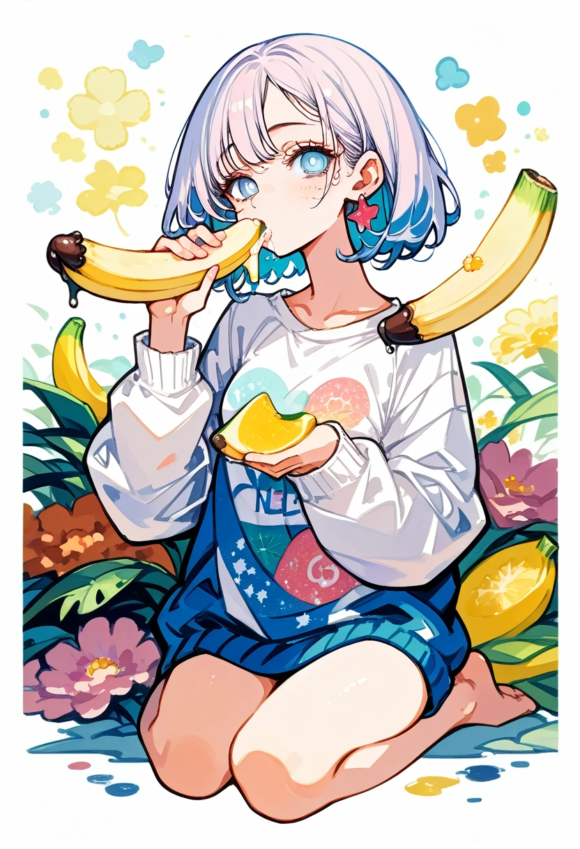 (Masterpiece, Best Quality: 1.2),Barbie doll,，colloid， sexy eyes，The expression of a kiss.，Sexy wet pink and white lips.， colloid skin，full figure，earrings（（Watercolor printed sweater））eating banana，full body shot