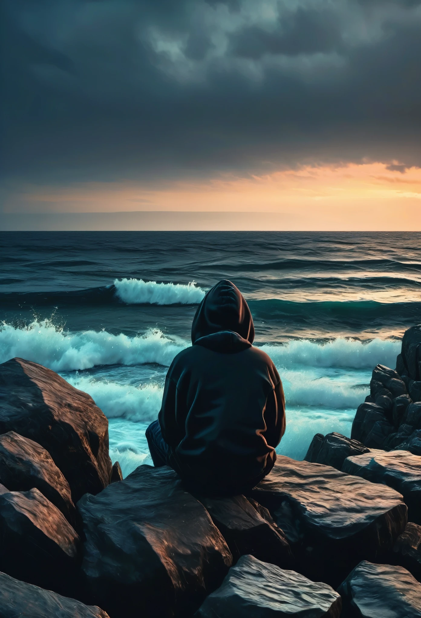 there is a men wearing hoodie and sitting on a rock looking out at the ocean, looking out over the sea, pensive , fading off to the horizon, looking out at the ocean, looking into the horizon, gazing off into the horizon, gazing at the water, looking into the distance, somber mood, looking off into the distance, standing beside the ocean, dark sky:1.5, 8K, perfect photo, realistic photo:1.56, fade foge, film, cinematic color