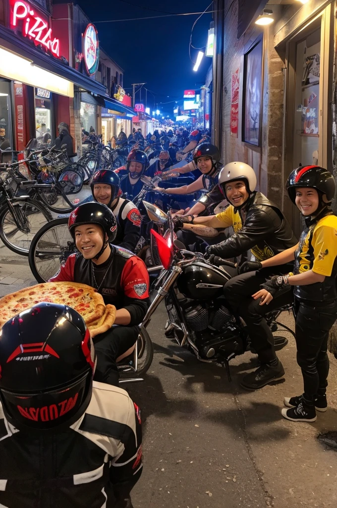 Biker gangs on flashy modified bikes gather at a pizza shop。All smiles、