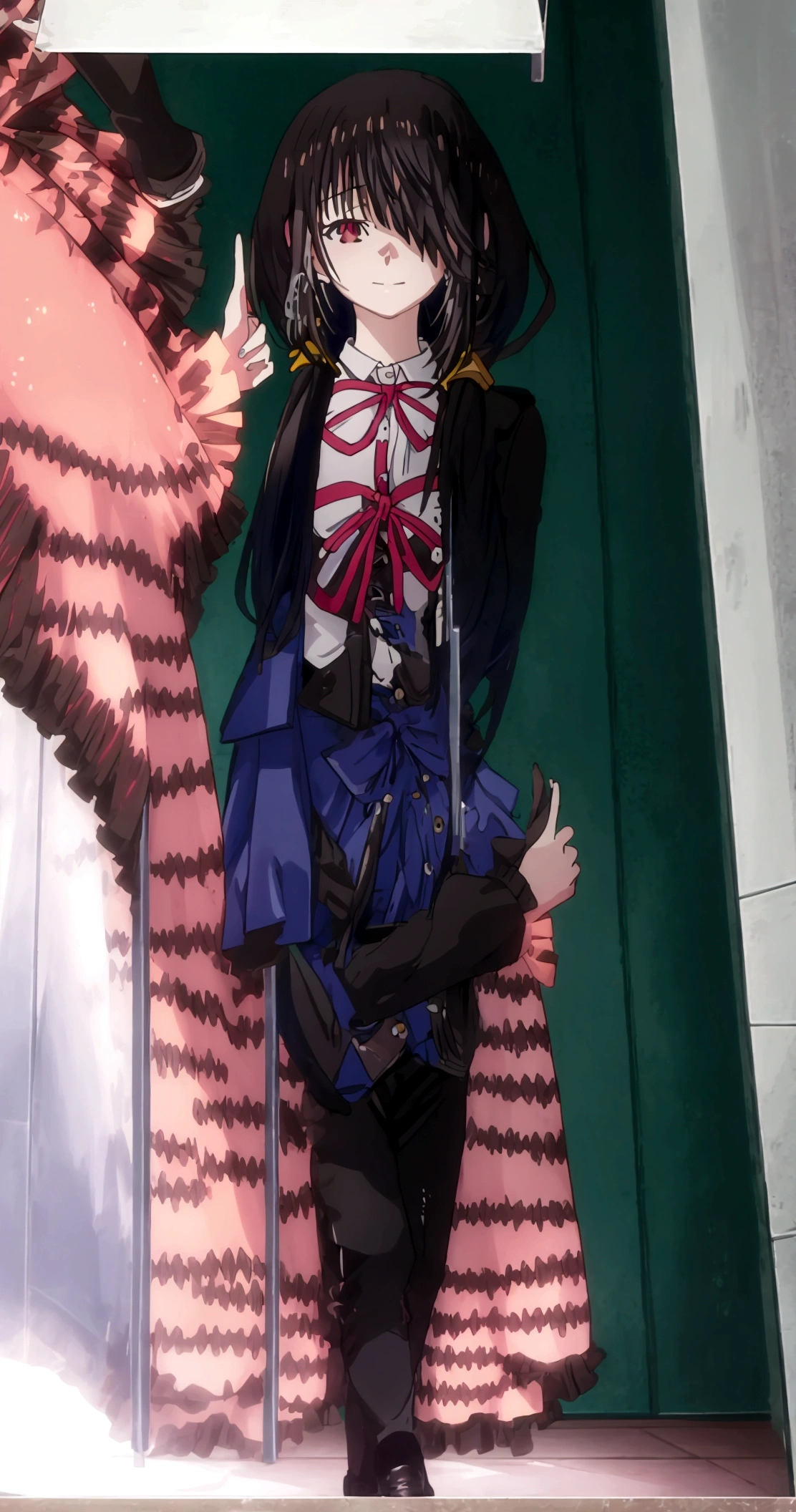 ultra-detailed,highly detailed,best quality,masterpiece,illustration,realistic, photo,photorealistic,
1girl, tokisaki kurumi,cosplay,hair over one eye, looking at viewer, happy girl,low twintails,
, blazer, collared shirt, neck ribbon, pleated skirt, pantyhose, hair rings, loafers,
indoors, walking, stairwell,