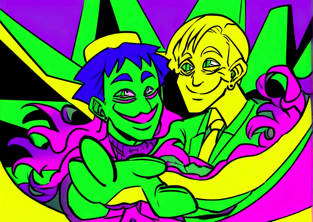 Hitler smiling with evil laugh and holding the destroying planet on a background painted in lime green colors, yellow lemon, electric blue and neon purple, Akira Toryama style