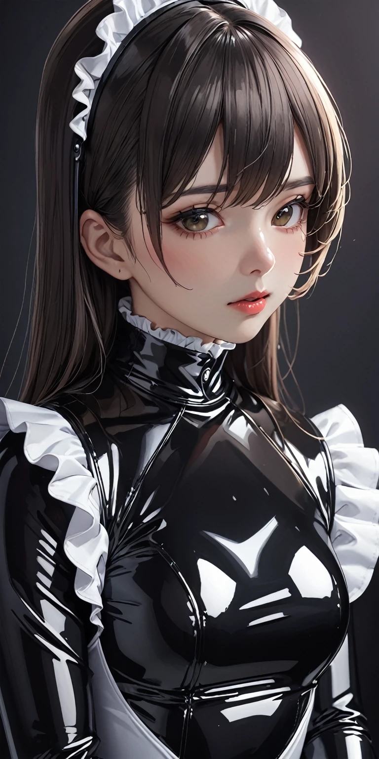 Portraiture、Close-up shot from chest up、(masterpiece,Highest quality,Ultra-high resolution),Japanese women, (((Very beautiful 25 year old girl))),(Latex Maid Clothing)、(A long-sleeved latex shirt that covers the upper body)、Latex gloves、Frills、The clothes fit snugly to the body、Latex is very shiny、Dark Room、