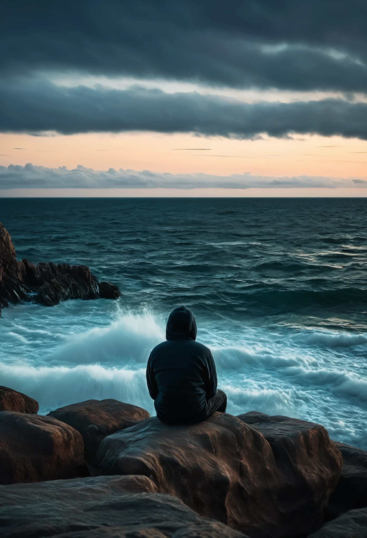 there is a men wearing hoodie and sitting on a rock looking out at the ocean, looking out over the sea, pensive , fading off to the horizon, looking out at the ocean, looking into the horizon, gazing off into the horizon, gazing at the water, looking into the distance, somber mood, looking off into the distance, standing beside the ocean, dark sky:1.5, 8K, perfect photo,  realistic photo:1.56,  fade foge, film, cinematic color