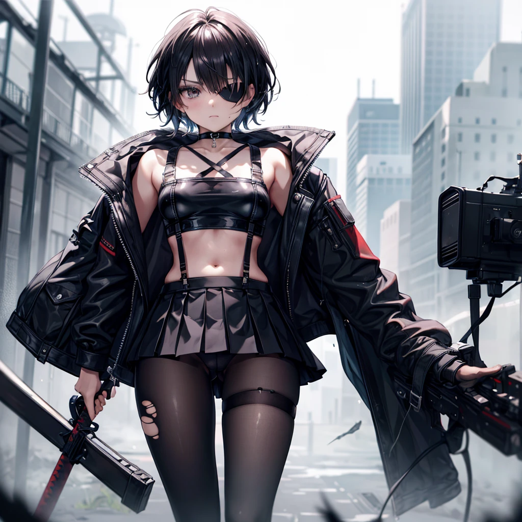 ((Highest quality)), ((masterpiece)), ((detailed)), (4K), 1girl, 独奏, 1 katana, short hair, eyepatch, crop top, leather jacket, Torn miniskirt, suspender skirt, torn pantyhose, panties, panties under pantyhose, choker, bracelet, weapon, rain, (wet), see through, expressionless, ass pov, (looking down)