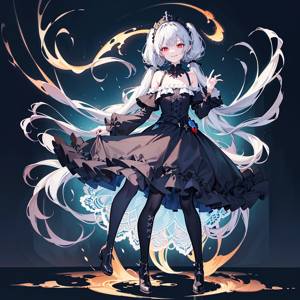 [(white background:1.4)::5],original,(illustration:1.1),(best quality),(masterpiece:1.1),(extremely detailed CG unity 8k wallpaper:1.1), (colorful:0.9),(mid shot:0.95),(full body:1.5),Dynamic angle,(solo:1.2), (girl),((adult)), (detailed beautiful eyes:1.15), (beautiful face:1.15), (glowing red eyes:1.25////),((dark blue long hair)),(blunt bangs),(low twintails),(+perfect hand+:1.21),(Draw an illustration of a gothic girl),(Religious),(slender),(is wearing boots on her feet),((is wearing black dress)),(furious), Lace Off-shoulder ta fashion,beautiful slender woman,((evil smile)),dark blue short hair,dark blue short hair,laugh,