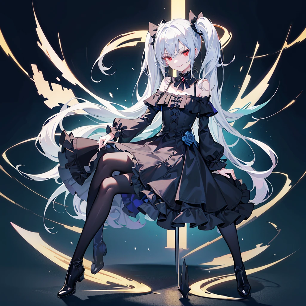 [(white background:1.4)::5],original,(illustration:1.1),(best quality),(masterpiece:1.1),(extremely detailed CG unity 8k wallpaper:1.1), (colorful:0.9),(mid shot:0.95),(full body:1.5),Dynamic angle,(solo:1.2), (girl),((adult)), (detailed beautiful eyes:1.15), (beautiful face:1.15), (glowing red eyes:1.25////),((dark blue long hair)),(blunt bangs),(low twintails),(+perfect hand+:1.21),(Draw an illustration of a gothic girl),(Religious),(slender),(is wearing boots on her feet),((is wearing black dress)),(furious), Lace Off-shoulder lolita fashion,beautiful slender woman,((evil smile)),dark blue short hair,dark blue short hair,laugh,