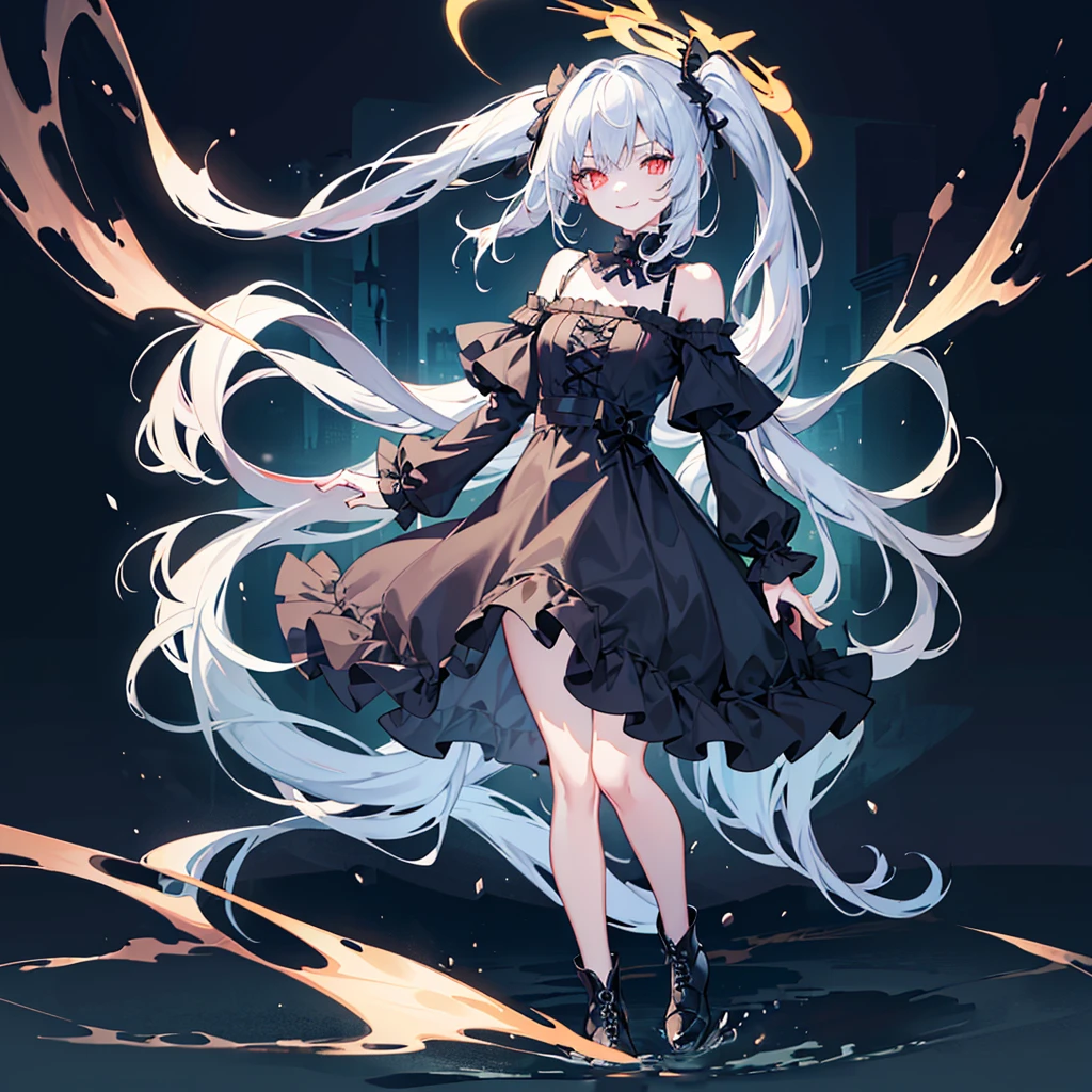 [(white background:1.4)::5],original,(illustration:1.1),(best quality),(masterpiece:1.1),(extremely detailed CG unity 8k wallpaper:1.1), (colorful:0.9),(mid shot:0.95),(full body:1.5),Dynamic angle,(solo:1.2), (girl),((adult)), (detailed beautiful eyes:1.15), (beautiful face:1.15), (glowing red eyes:1.25////),((dark blue long hair)),(blunt bangs),(low twintails),(+perfect hand+:1.21),(Draw an illustration of a gothic girl),(Religious),(slender),(is wearing boots on her feet),((is wearing black dress)),(furious), Lace Off-shoulder lolita fashion,beautiful slender woman,((evil smile)),dark blue short hair,dark blue short hair,laugh,