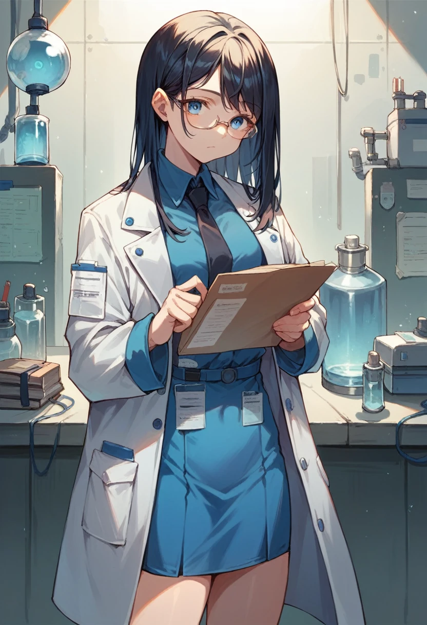 A scientist anime girl with medium length black hair, blue eyes, 20 years old, tall, wearing blue clothes, white scientist jacket, blue short skirt, black tie, glasses, holding a list, alone and in the science room