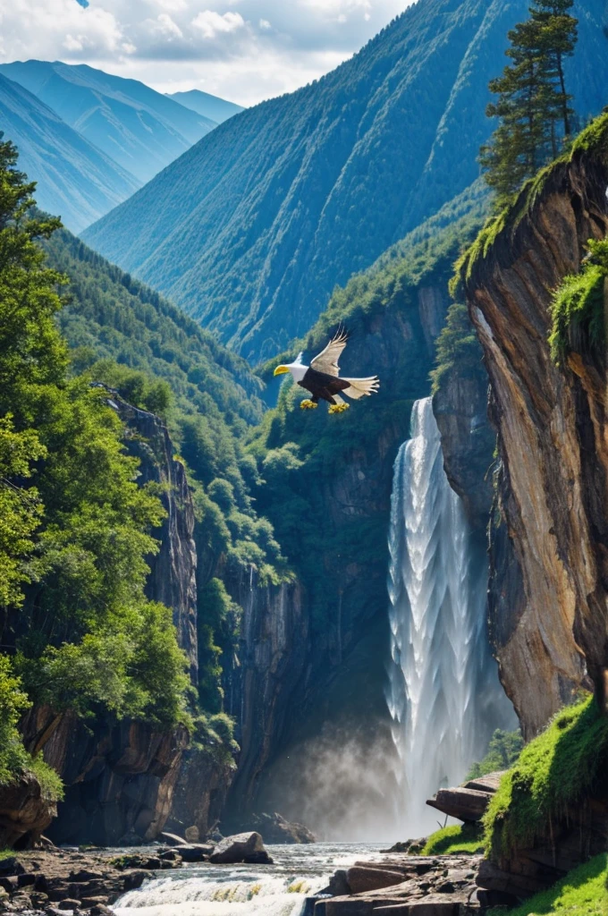 An eagle with a landscape of a waterfall