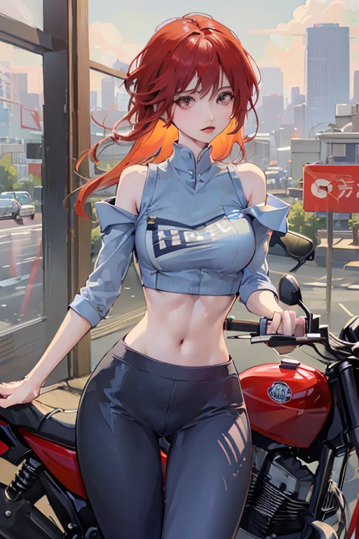 (Masterpiece), (Best Quality), (better detail), (distant overview), (Mail stamp),(main color of the illustration: bright saturated red), (Secondary color: lapis lazuli), a red cafe racer motorcycle driven by a woman with a defiant stance, very detailed chassis, futuristic western landscape, evening (many stars, officer), shading (detailed, much contrast), highly saturated pulp colors Slim woman in a blue top and tight gray leggings posing for a photo, big chest, thin thighs, thin waist y caderas gruesas, tight suit, delicate figure in shape, slender girl, blue tight t-shirt, Fitted garment, photo of slender girl model, photo fit, wearing simple, tight clothing, pretty face with arms and legs, short shirt and slim abs, thin waist, tight shirt, perfect body, skin showing, Hips and groin showing navel
