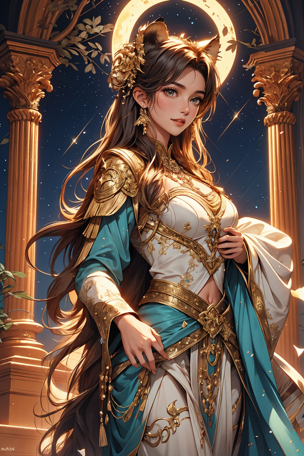A mesmerizing cinematic photograph capturing the harmony between a young woman and a massive, glowing lion. The woman, gracefully dressed in a flowing gown, dances on a large, shimmering stage amidst a moonlit forest. The lion, with a mane composed of radiant stars, dances alongside her, their movements perfectly in sync. The night sky is adorned with countless stars, reflecting the balance of strength and tenderness in their dance of unity., cinematic, photo