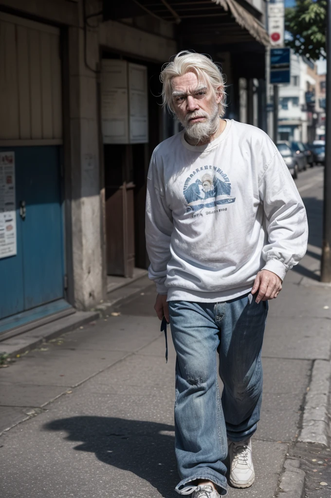 portrait of a beggar man (((white blonde hair))), (((wrinkled face)))(((bearded))), seeming to have (((56 years old)))(((blusa azul)))(((black pants))) side and face with dark dirt, Dirty laundry, blue sweatshirt. Walking down the street and counting coins, walks alone on the street 