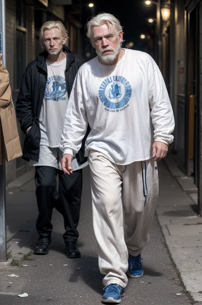 portrait of a beggar man (((white blonde hair))), (((wrinkled face)))(((bearded))), seeming to have (((56 years old)))(((blusa azul)))(((black pants))) side and face with dark dirt, Dirty laundry, blue sweatshirt. Walking down the street and counting coins, walks alone on the street