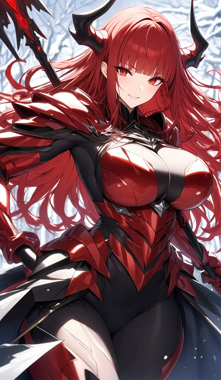 Masterpiece, very detailed, ultra detailed, one, (1 woman), athletic body, six press packages, she is in futuristic red armour with bright black details, with a large and detailed spear, in a stable and fighting position, super mature, tall, milf, mature mother, long hair, straight hair and straight bangs, bright blood red hair and straight bangs, red demonic horns, beautiful, charming, blood red eyes, elegant, big breasts, wise smile, charming, against the background of snow, ice and winter.