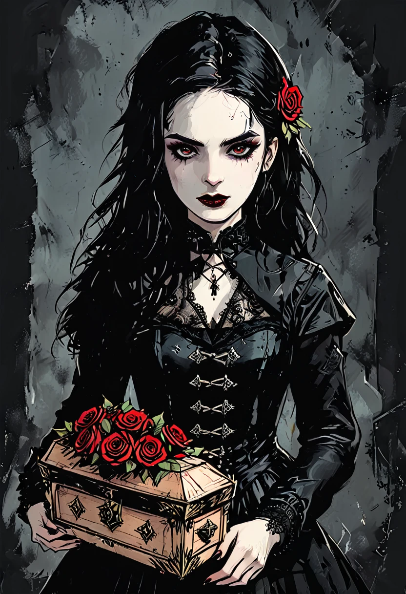 A young goth female bard. She has pale skin and wears Victorian-style black clothing with intricate lace details. Her makeup is dark, with black eyeliner and eyeshadow, and her lips are a striking blood-red. She holds a black hurdy gurdy that resembles a coffin and is adorned with red roses. She has a thoughtful and melancholic expression on her beautiful face. The setting is dark and moody