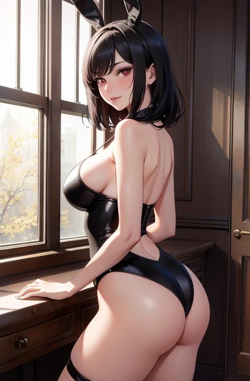 masterpiece, best quality, best lighting, shadows, portrait, perfect anatomy, bitchy, 1 girl, adult anime girl, 21 years old, bunny girl, bunny uniform, allure, erotic, mature features, pretty face, pretty lips, pretty eyes, black short hair, red eyes, seductive eyes, blushing, flirty, pretty smile, huge ass, breast, thighs, seductive, spicy, hot, flirty, nsfw,