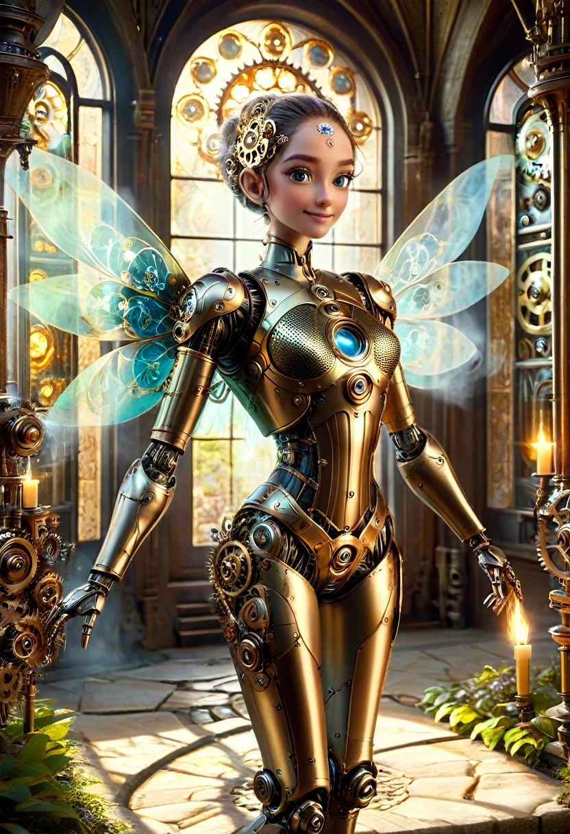 masterpiece, best quality, highly detailed, solo, looking at viewer, smile, mechaical face. Wide Smile, Eyes Detailed & Wide, sexy Pose. Ultra HD, Rococo-Inspired Fantasy Art With Intricate Details. Cute, Charming Expression, Alluring-Gaze, looking at viewer Beautiful Eyes, An-Ideal-Figure. . slim waist, fit body, Warm lights , t, with fluffy hair, delicate face, realistic, real, slim, large aperture, sexy shots, attractive poses, symmetrical face, photorealistic, photography, path tracing, specular lighting, volumetric face light, path traced hairmaximum quality{(masutepiece) (8K High Resolution) (top-quality) In the style of breath of the wild.medieval monastery garden,steampunk craftsman robot monk,beautiful ornate architecture,steampunk machinery and gears,exquisite stained glass windows,enchanted flower garden,ancient stone walkway with intricate carvings,glowing candles and dimly lit atmosphere,steam and smoke billowing from the machinery,mystical atmosphere,peaceful and serene setting,mechanical wings attached to the robot monk's back,robot monk with intricate clockwork mechanisms,electromechanical eyes glowing with energy,warm golden color palette,gentle sunlight streaming through the stained glass windows,whispering sound of wind and rustling leaves,the scent of aged books and incense,notes of ancient Gregorian chants echoing in the air,sense of awe and tranquility,combination of futuristic and medieval elements,harmony of technology and spirituality.
