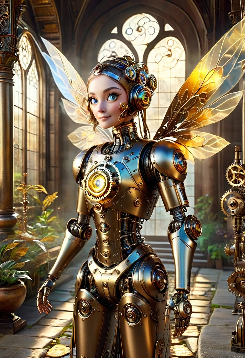 masterpiece, best quality, highly detailed, solo,  looking at viewer, smile, mechaical face. Wide Smile, Eyes Detailed & Wide, sexy Pose. Ultra HD, Rococo-Inspired Fantasy Art With Intricate Details. Cute, Charming Expression, Alluring-Gaze, looking at viewer Beautiful Eyes, An-Ideal-Figure. . slim waist, fit body, Warm lights , t, with fluffy hair, delicate face, realistic, real, slim, large aperture, sexy shots, attractive poses, symmetrical face, photorealistic, photography, path tracing, specular lighting, volumetric face light, path traced hairmaximum quality{(masutepiece) (8K High Resolution) (top-quality) In the style of breath of the wild.medieval monastery garden,steampunk craftsman robot monk,beautiful ornate architecture,steampunk machinery and gears,exquisite stained glass windows,enchanted flower garden,ancient stone walkway with intricate carvings,glowing candles and dimly lit atmosphere,steam and smoke billowing from the machinery,mystical atmosphere,peaceful and serene setting,mechanical wings attached to the robot monk's back,robot monk with intricate clockwork mechanisms,electromechanical eyes glowing with energy,warm golden color palette,gentle sunlight streaming through the stained glass windows,whispering sound of wind and rustling leaves,the scent of aged books and incense,notes of ancient Gregorian chants echoing in the air,sense of awe and tranquility,combination of futuristic and medieval elements,harmony of technology and spirituality. 
