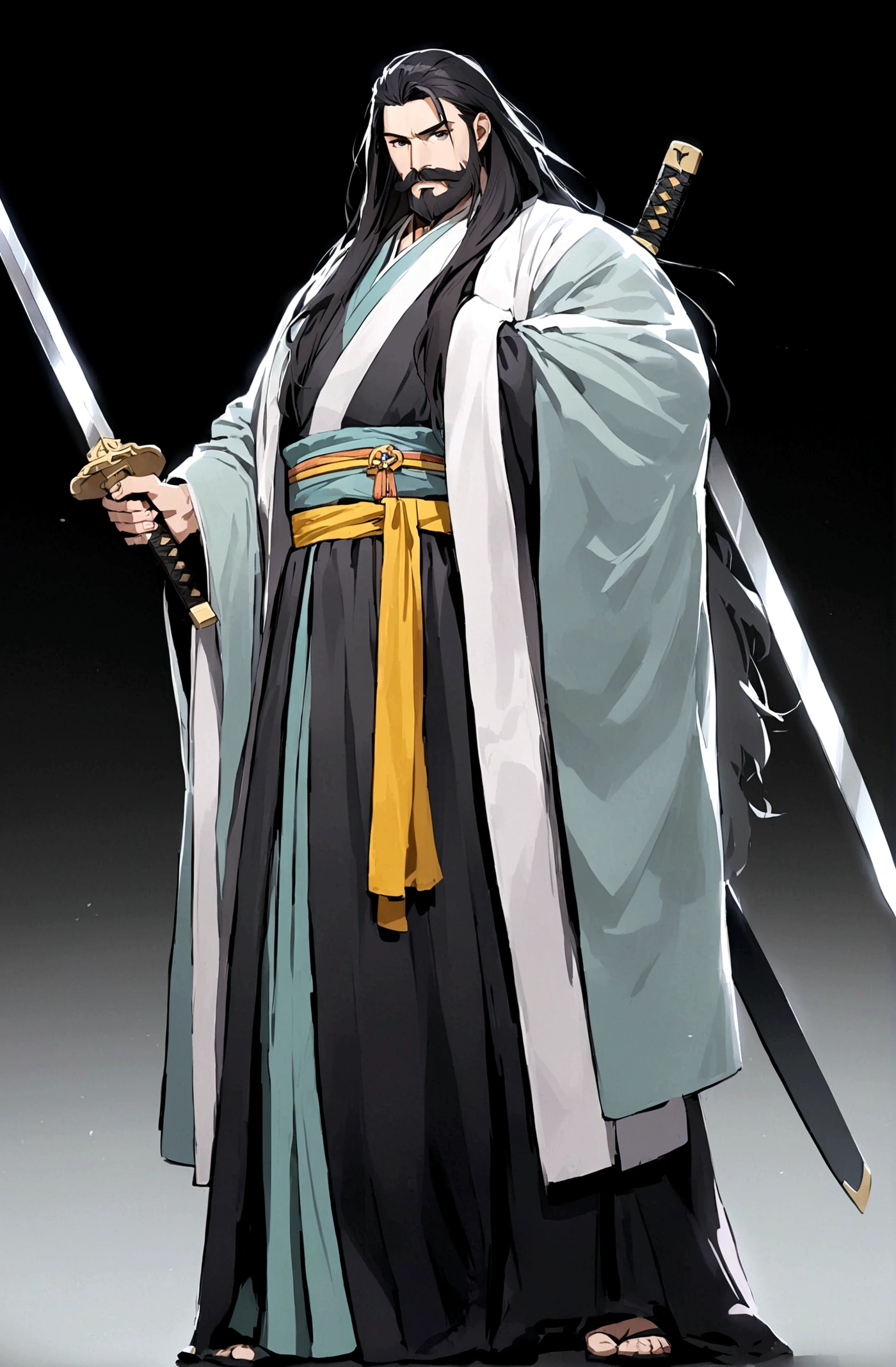 solo, looking at viewer, simple background, black hair, long hair,1boy, holding, standing, full body, weapon, male focus, hanfu, sword, holding weapon, black eyes, sash, facial hair, holding sword, black background, beard, mustache