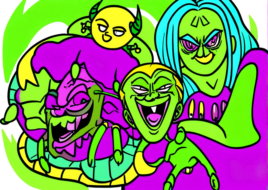 Hitler smiling with evil laugh and holding the destroying planet on a background painted in lime green colors, yellow lemon, electric blue and neon purple, Akira Toryama style