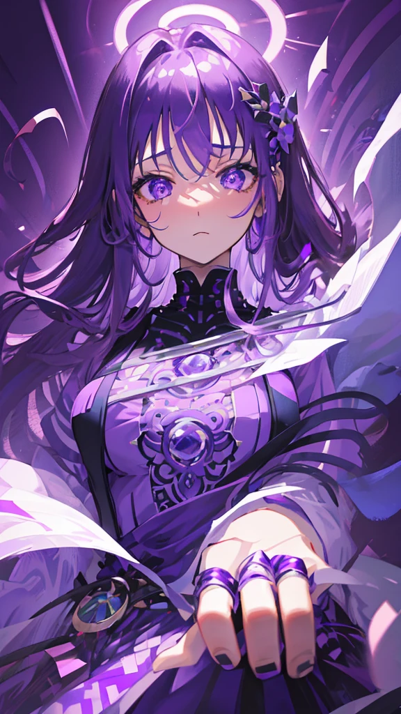 detailed hyper-realistic 1girl, ethereal purple goddess, flowing purple hair, piercing purple eyes, elaborate purple dress, purple magic aura, glowing purple energy, intricate purple markings, otherworldly purple landscape, dramatic purple lighting, Anime-like, 8k, best quality, cinematic, award winning digital art