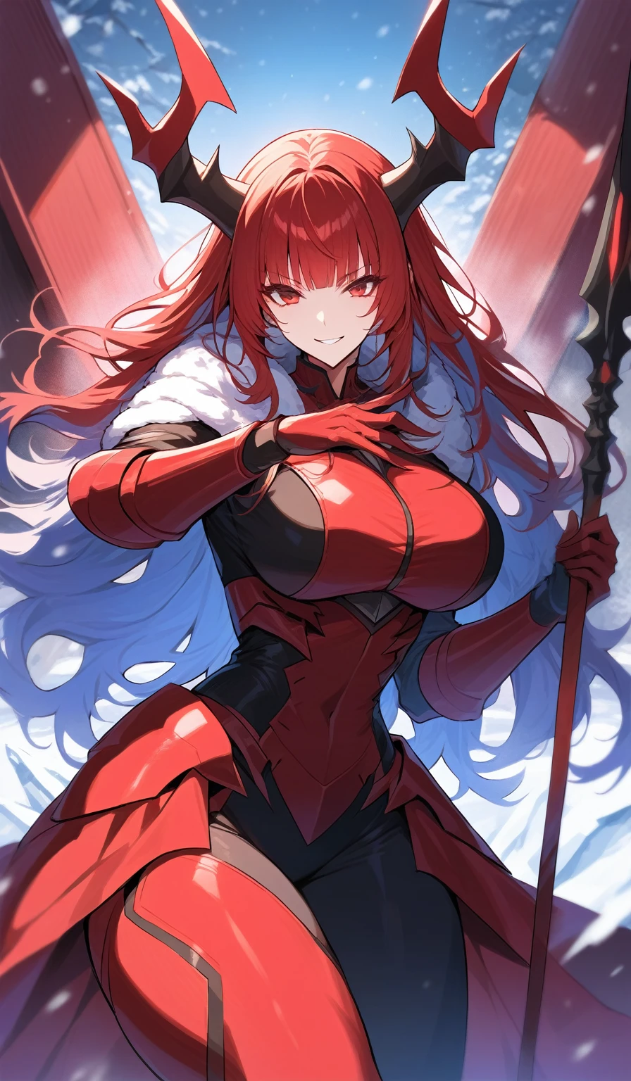 Masterpiece, very detailed, ultra detailed, one, (1 woman), athletic body, six press packages, she is in futuristic red armour with bright black details, with a large and detailed spear, in a stable and fighting position, super mature, tall, milf, mature mother, long hair, straight hair and straight bangs, bright blood red hair and straight bangs, red demonic horns, beautiful, charming, blood red eyes, elegant, big breasts, wise smile, charming, against the background of snow, ice and winter.