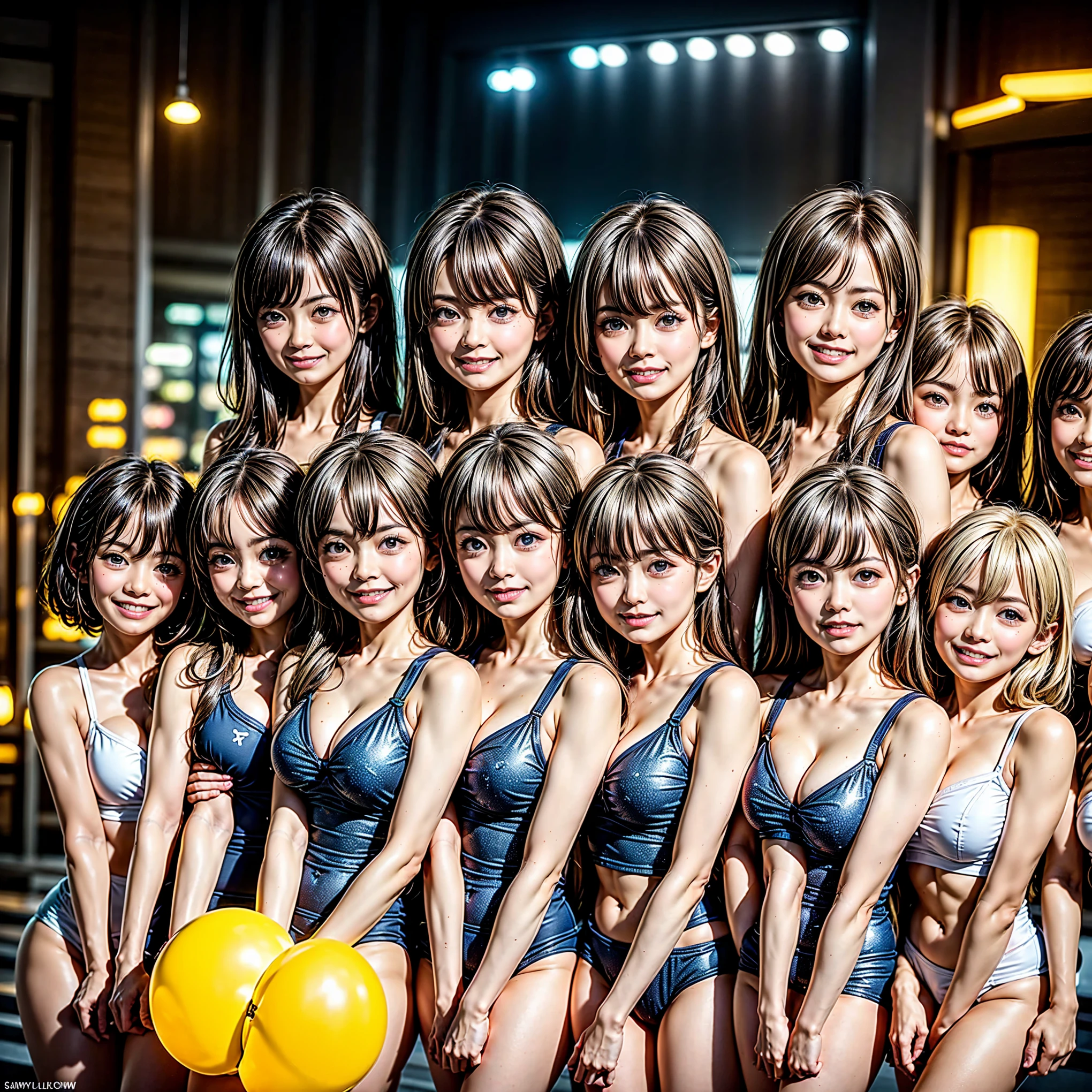 ((ExtremelyDetailed (PUNIPUNI KAWAII 12 Girls in a row:1.37) Shibuya Hachiko-mae scramble crossing)), (masterpiece 8K TopQuality:1.2) (ProfessionalPhoto:1.37), {(Standing Full Body:1.2)|Dancing}, Different types of hair colors, {(skinny(school swimwear))|SchoolUniform|Tutu}, {Corrected BabyLike hand|Hiddenhand}, (Joyful Expressions LifeLike Rendering), PerfectLighting (RainbowColor particles)(Blurred ColorfulLights) MotionBlur