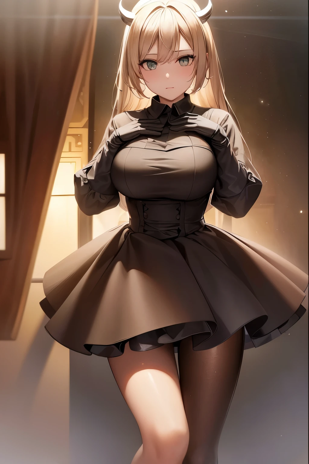 Best quality, masterpiece, A high resolution, Tyndall effect, Photorealistic, Dark Studio, rim lighting, Two-tone lighting,(high skin detail:1.2), 8 k UHD, SLR camera, soft lighting, high quality, volumetric lighting, frank, photo, A high resolution, 4K, 8 k, Best quality, (Widescreen), CGS Society, 8 k, Ultra-realistic, masterpiece, (In the late afternoon):0.9, (8 k детализация):1.5, albedo, amber eyes, black hair, white horns, black wings, Sad look, looks at the viewer, (8 k, Best quality, masterpiece:1.2),(Best quality:1.0), (сверхA high resolution:1.0), masterpiece, studio quality, ray tracing, Exposure to glowing particles, big breasts, masterpiece, Best quality, (Очень подробные обои CG Unity 8K), (Best quality), (best illustrations), (The best shadows), (Shine), (particle effects). , isometric 3D, Octane number, ray tracing, Business suit, The face of Germany in the 1930s, Form SS, Pay attention to the fingers, leather gloves on hands
