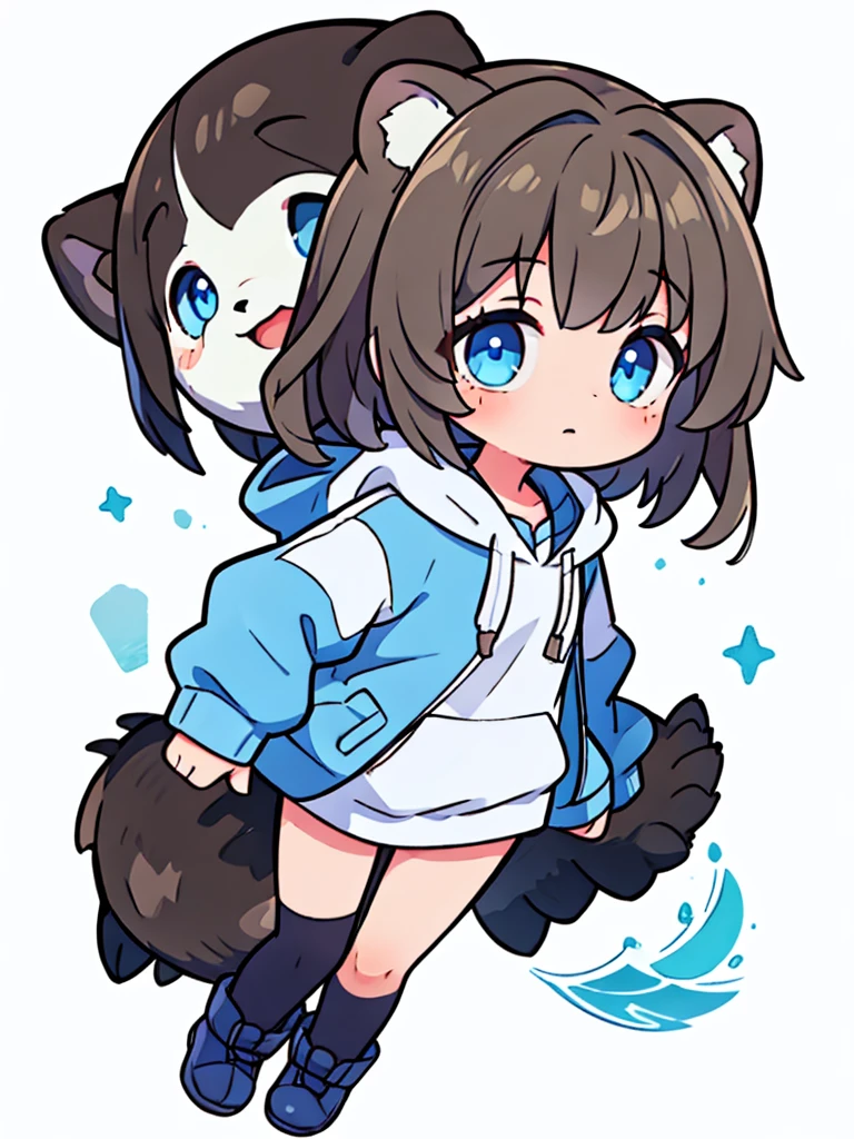 a sea otter with otter ears // with light blue eyes // a dark blue hoodie // brown hair with gray and white highlights ((half of the body)) (A person) ((White background)) (only 1 girl)