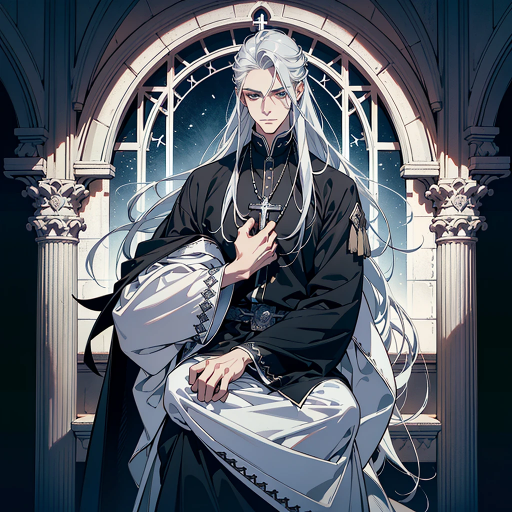 1 male, Beautiful male body, A tall man, musculature, (very long silver hair, Hair Color Silver, Street Hairstyles) , (Silver-colored eyes), Realistic eyes, Beautiful eyes), priest's clothes, (He wore a white priest with some blue details, Priestly robes of white color), (8K Wallpaper), (Blue color church wallpaper) 8K, High Quilty, Realistic, beautifulRealistic, Cool details, Raw photo, Realistic clothing, Long hair, Silver hair, Realistic hair, Bright and cool lighting, photographrealistic, cellshading, Gel lighting, Ultra Details, (Man is a priest, high priestess)