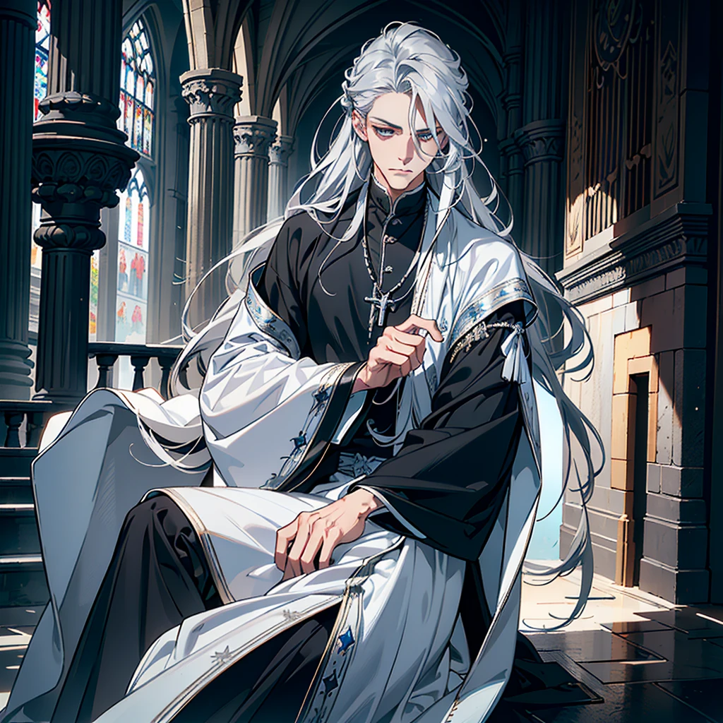 1 male, Beautiful male body, A tall man, musculature, (very long silver hair, Hair Color Silver, Street Hairstyles) , (Silver-colored eyes), Realistic eyes, Beautiful eyes), priest's clothes, (He wore a white priest with some blue details, Priestly robes of white color), (8K Wallpaper), (Blue color church wallpaper) 8K, High Quilty, Realistic, beautifulRealistic, Cool details, Raw photo, Realistic clothing, Long hair, Silver hair, Realistic hair, Bright and cool lighting, photographrealistic, cellshading, Gel lighting, Ultra Details, (Man is a priest, high priestess)