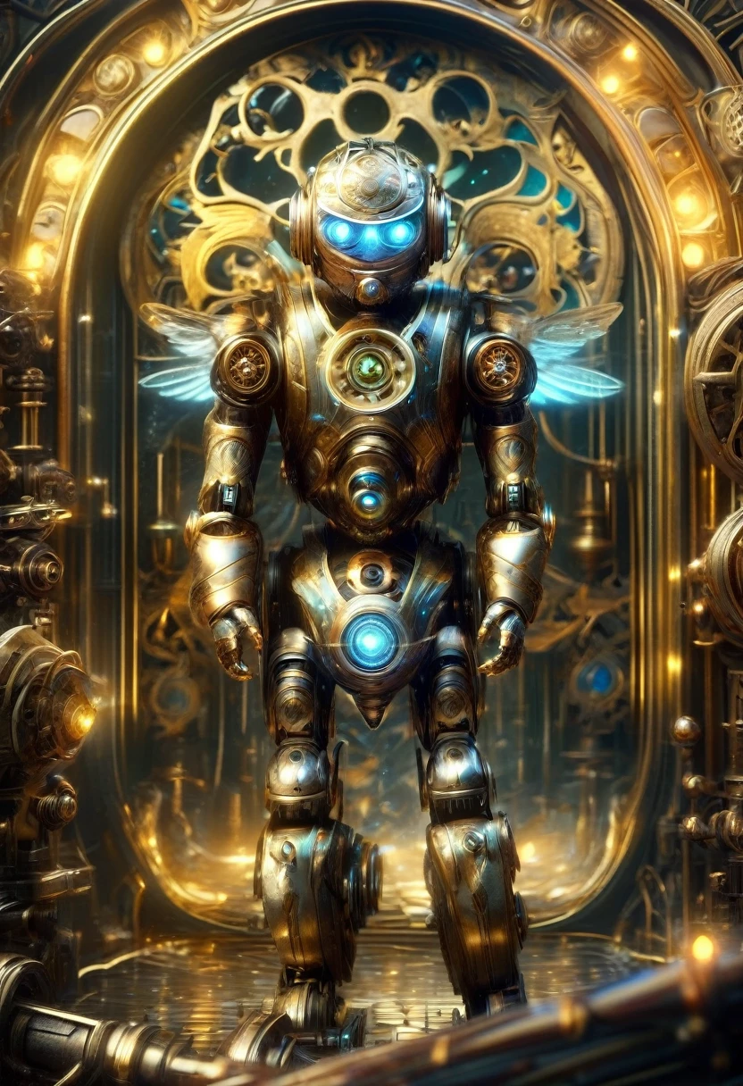 masterpiece, best quality, highly detailed, solo, looking at viewer, smile, mechaical face. Wide Smile, Eyes Detailed & Wide, sexy Pose. Ultra HD, Rococo-Inspired Fantasy Art With Intricate Details. Cute, Charming Expression, Alluring-Gaze, looking at viewer Beautiful Eyes, An-Ideal-Figure. . slim waist, fit body, Warm lights , t, with fluffy hair, delicate face, realistic, real, slim, large aperture, sexy shots, attractive poses, symmetrical face, photorealistic, photography, path tracing, specular lighting, volumetric face light, path traced hairmaximum quality{(masutepiece) (8K High Resolution) (top-quality) In the style of breath of the wild.medieval monastery garden,steampunk craftsman robot monk,beautiful ornate architecture,steampunk machinery and gears,exquisite stained glass windows,enchanted flower garden,ancient stone walkway with intricate carvings,glowing candles and dimly lit atmosphere,steam and smoke billowing from the machinery,mystical atmosphere,peaceful and serene setting,mechanical wings attached to the robot monk's back,robot monk with intricate clockwork mechanisms,electromechanical eyes glowing with energy,warm golden color palette,gentle sunlight streaming through the stained glass windows,whispering sound of wind and rustling leaves,the scent of aged books and incense,notes of ancient Gregorian chants echoing in the air,sense of awe and tranquility,combination of futuristic and medieval elements,harmony of technology and spirituality.
