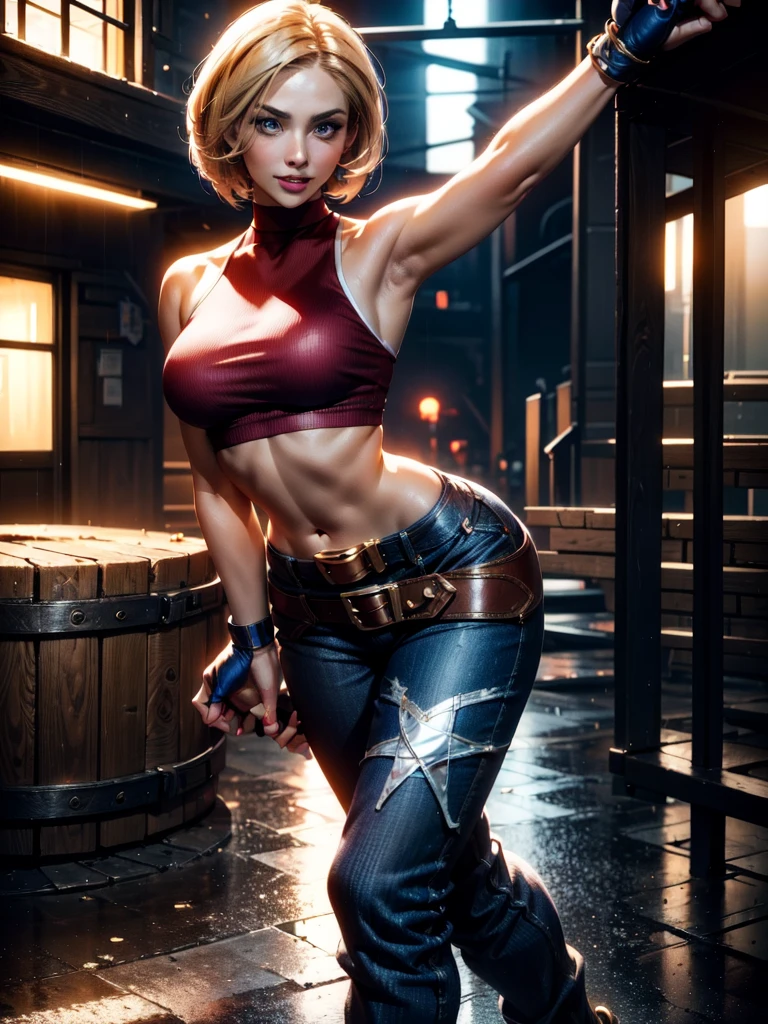 30-year-old woman, alone, athletic, jacket, semi-short blonde hair, wears a tight red crop top, wears blue jogger pants with a large star painted inside a circle on her left leg, has a huge brown belt dangling almost falls off her waist, wears blue fingerless gloves, wears brown boots, smiles at viewer, points at viewer, there is a little brown dog with white spots with her, high resolution, absurd, intricate, sharp focus, sunset on the beach, 40 megapixels, 500 dpi, best quality, masterpiece, high resolution, perfect image, highly detailed, high contrast, digital colors, simple, medium shot, cinematic, ultra sharp focus, award-winning photography, perfect contrast, high sharpness, depth of field, ultra detailed photography, global illumination, fluid, ultra high definition, 8k, Unreal Engine 5, ultra sharp focus, award winning photography, art season trends,