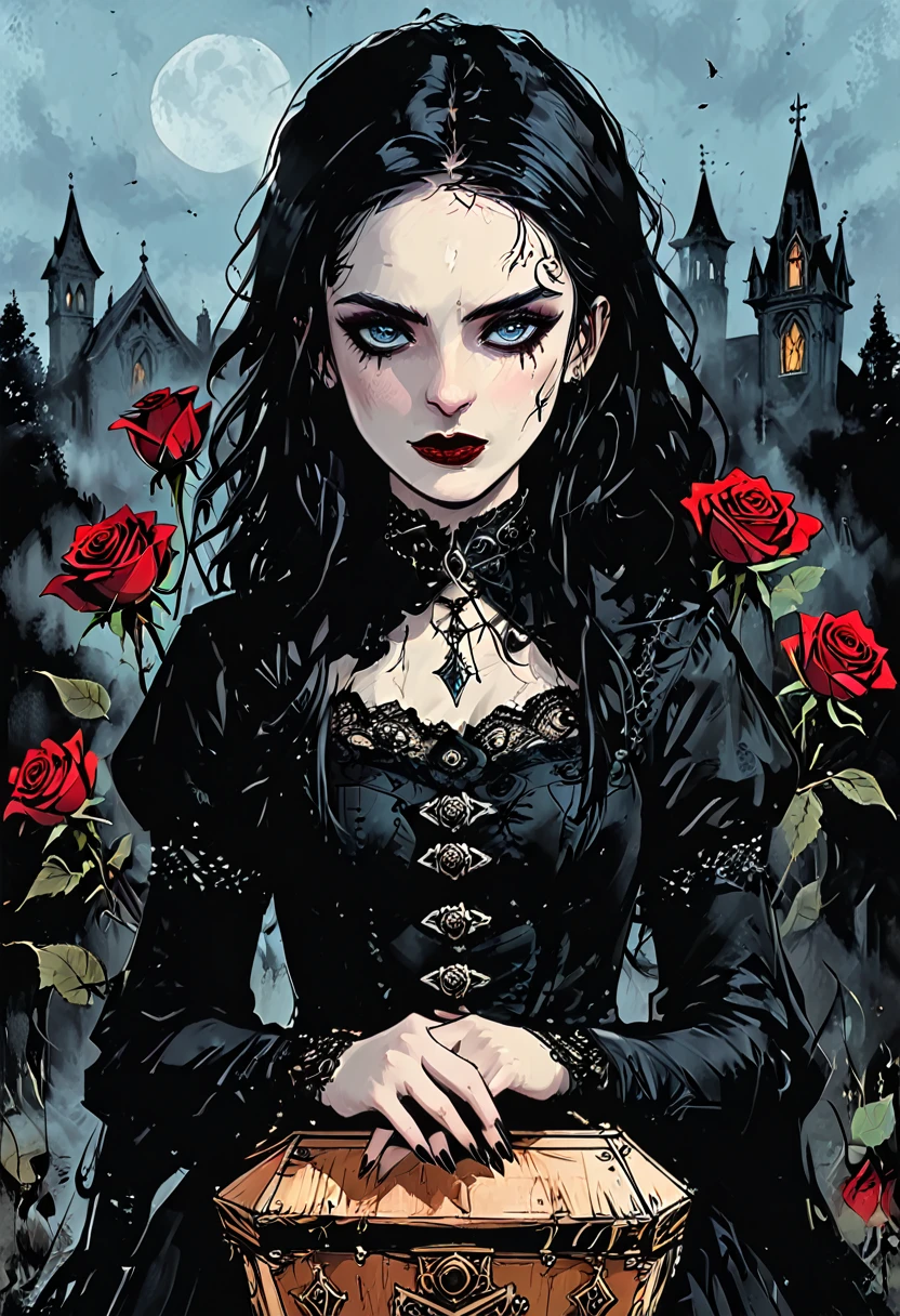A young goth female bard. Pale blue eyes. She has pale skin and wears Victorian-style black clothing with intricate lace details. Her makeup is dark, with black eyeliner and eyeshadow, and her lips are a striking blood-red. She holds a black hurdy gurdy that resembles a coffin and is adorned with red roses. She has a thoughtful and melancholic expression on her beautiful face. The setting is dark and moody