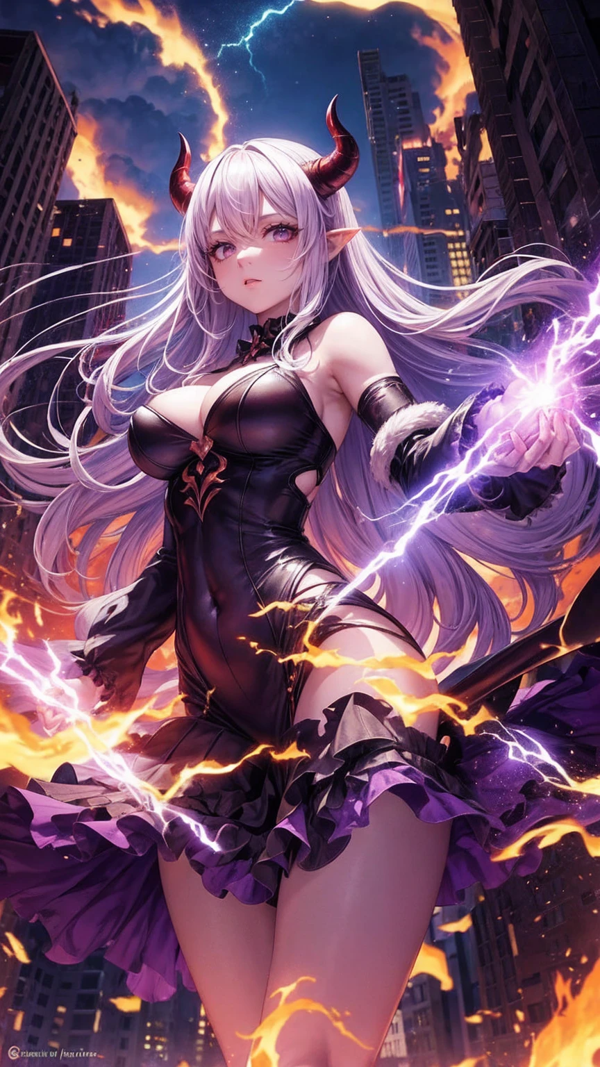 Demon hyper-giant, Hyper-powerful demon with two demon horns on her head, curvaceous figure and demon wings, Purple lightning fire on a building and shatters buildings , ville en ruine post apocalyptique,