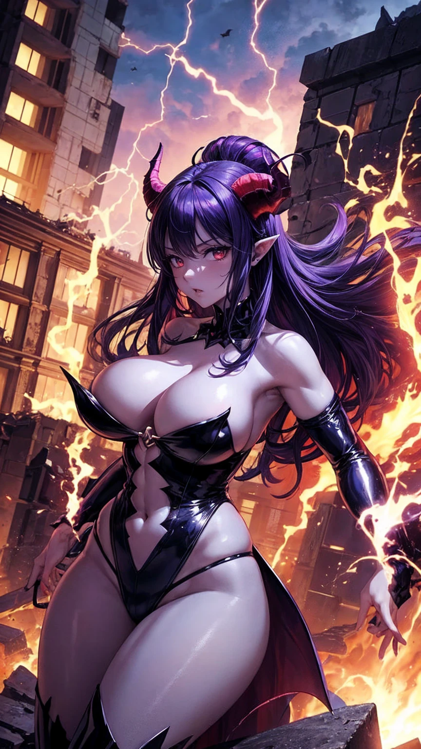 Demon hyper-giant, Hyper-powerful demon with two demon horns on her head, curvaceous figure and demon wings, Purple lightning fire on a building and shatters buildings , ville en ruine post apocalyptique,