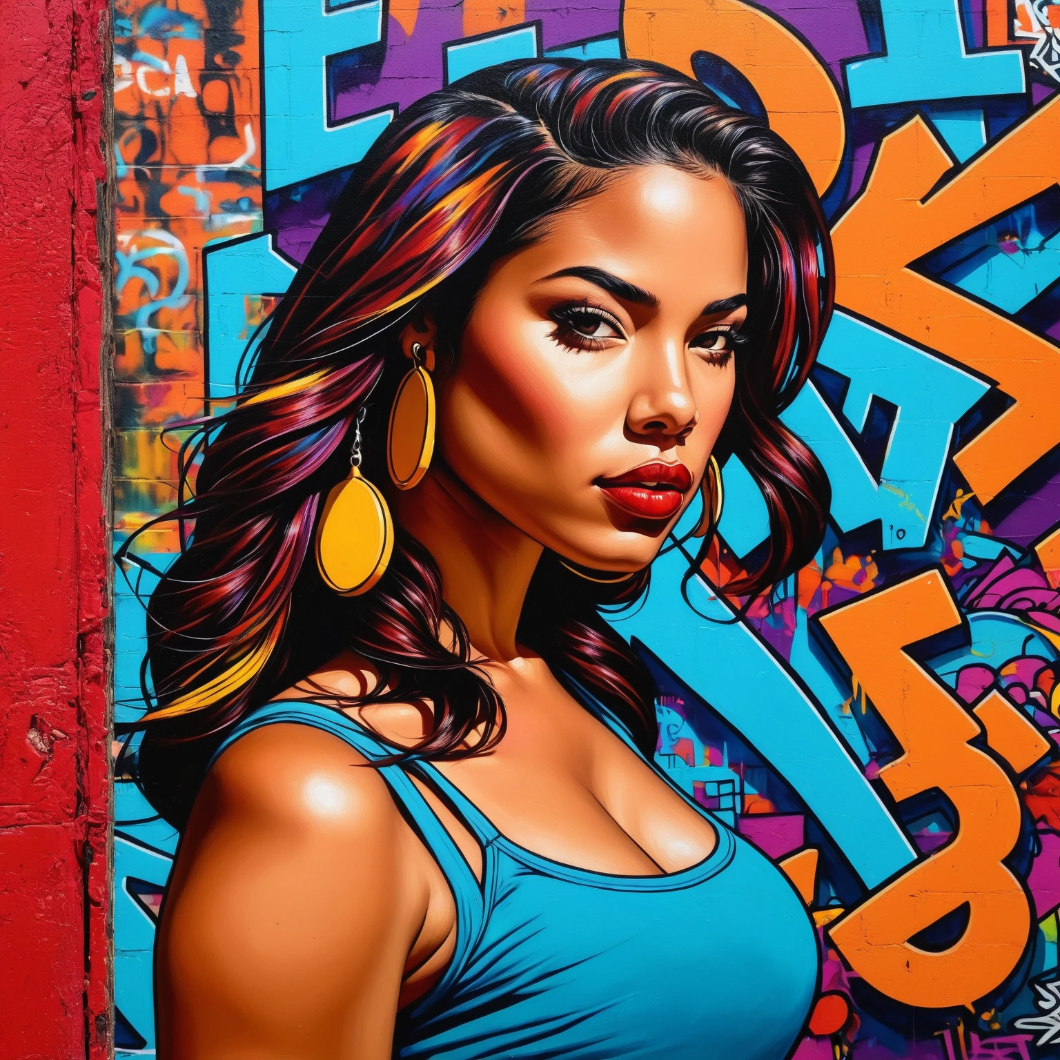 A proud Latina heroine, with bold features and vibrant colors that stand out against an urban graffiti backdrop. Rendering in Chicana art style, with bold lines and dynamic composition that captures the spirit of street culture.