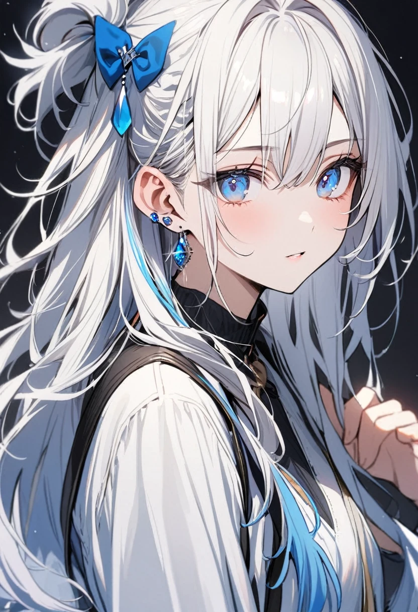 1 boy with long white hair with half tied up , with blue eyes and a blue earring in her ear.