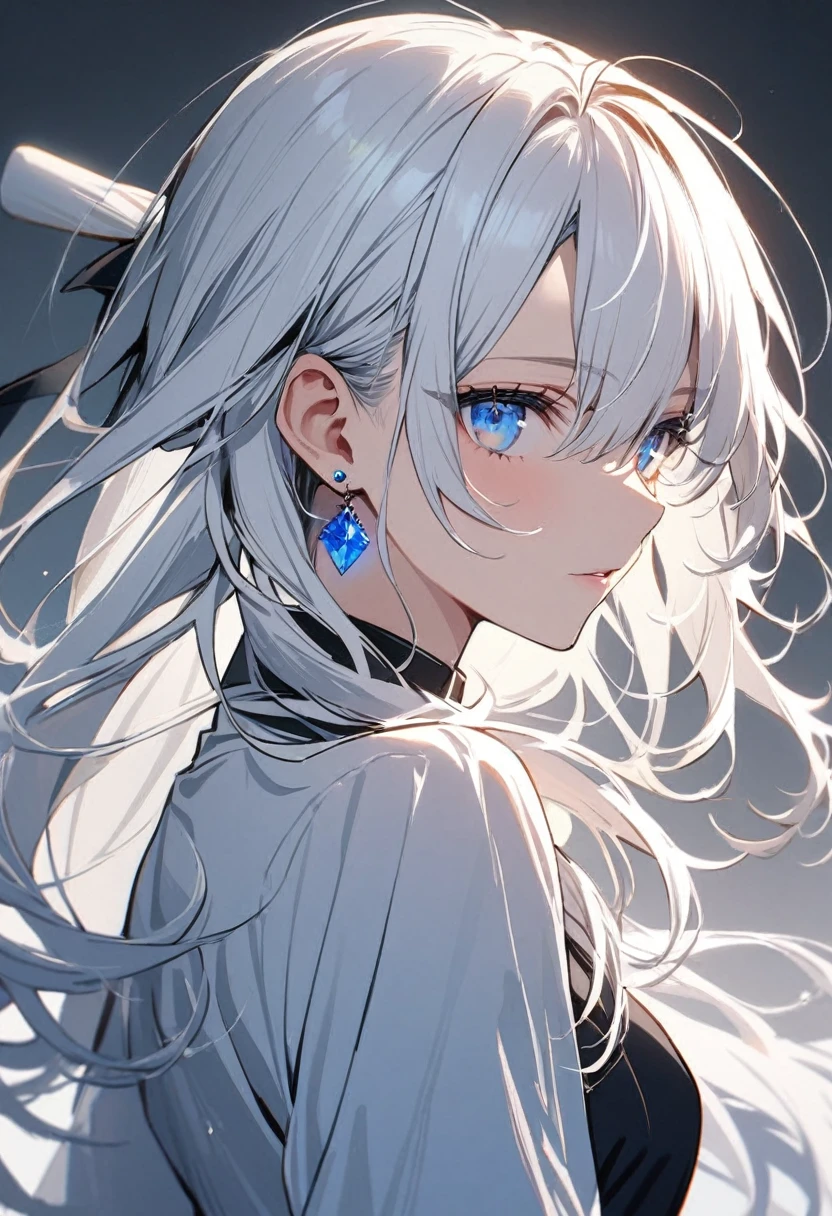1 boy with long white hair with half tied up , with blue eyes and a blue earring in her ear.
